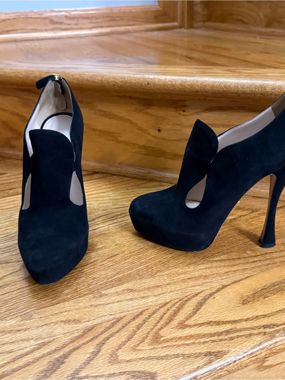 Prada Black Suede Cutout Platform Stiletto Booties